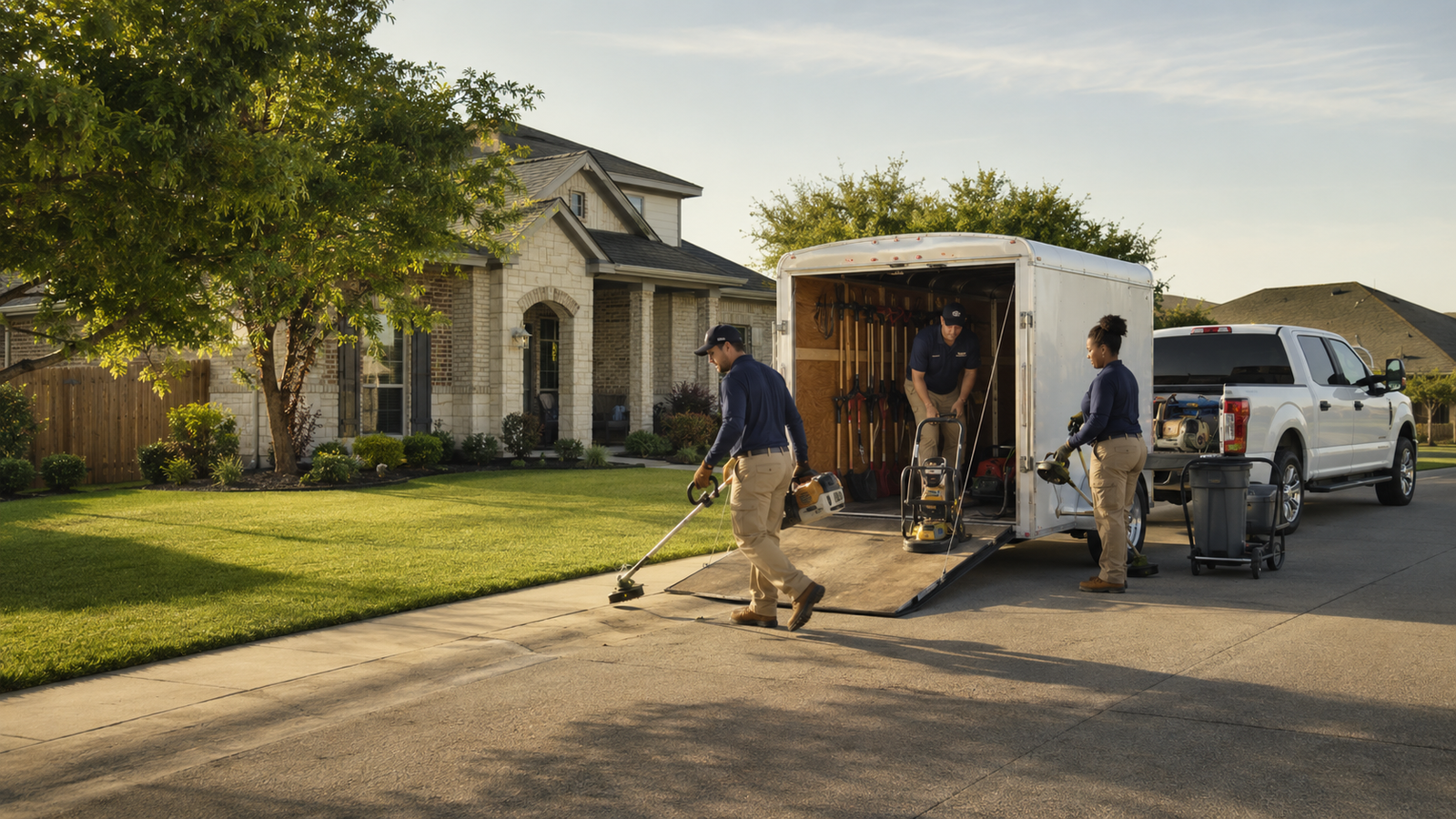 Professional property maintenance crew working from an equipped truck and trailer at a residential home